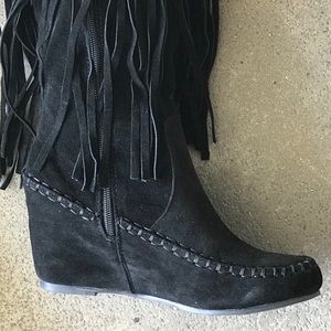 Nature Breeze Bridget Moccasin Boots – Knee-High Fringe Boots With Wedge Heel, Synthetic Suede - View #11